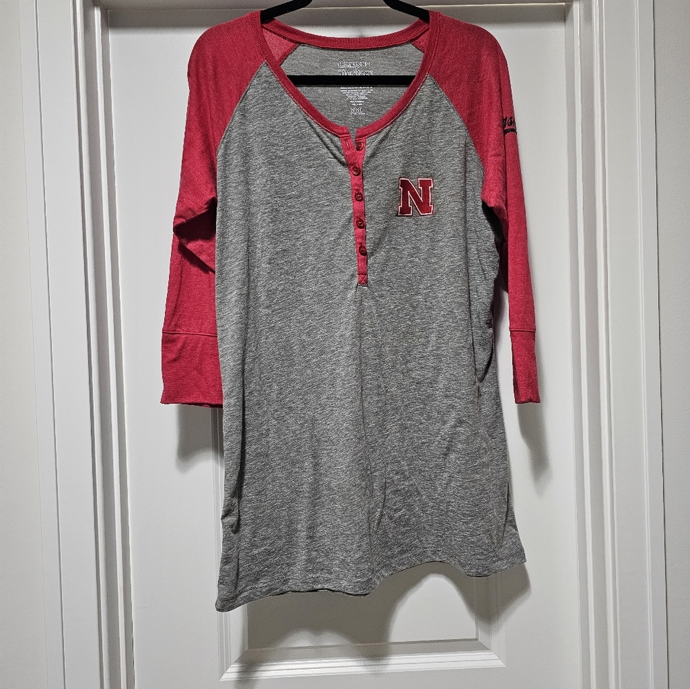 Gray and Red Raglan Sleeve Nebraska Shirt